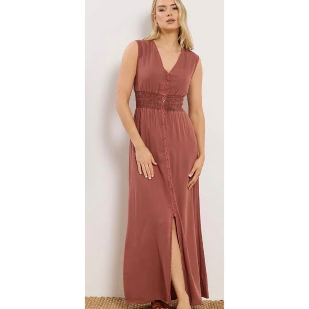LTS Long Tall Sally Rust Brown Smocked Waist Button Front Maxi Dress US 16 NEW